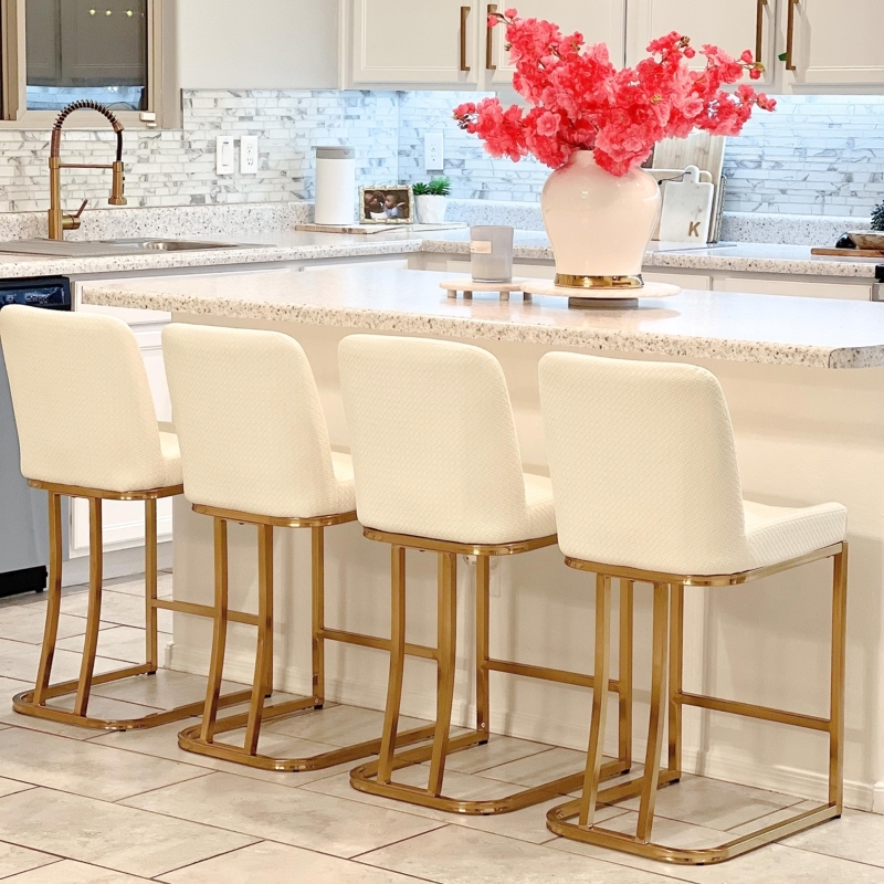 Glam Bar Stools with Gold Sled Base and Textured Cream Fabric