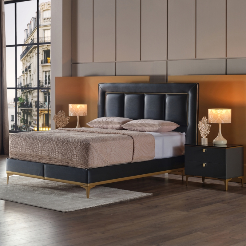 Glam Black Storage Set: Vertical Channel Tufting & Gold Metal Legs