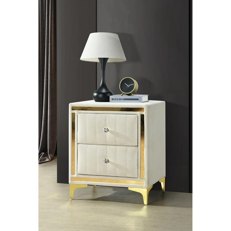 Glam Cream Nightstand Upholstered Fabric Crystal Knobs Gold Trim