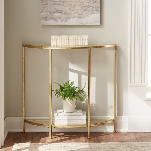 Glam Demilune Console Table with Gold Leaf Frame and Glass Shelves