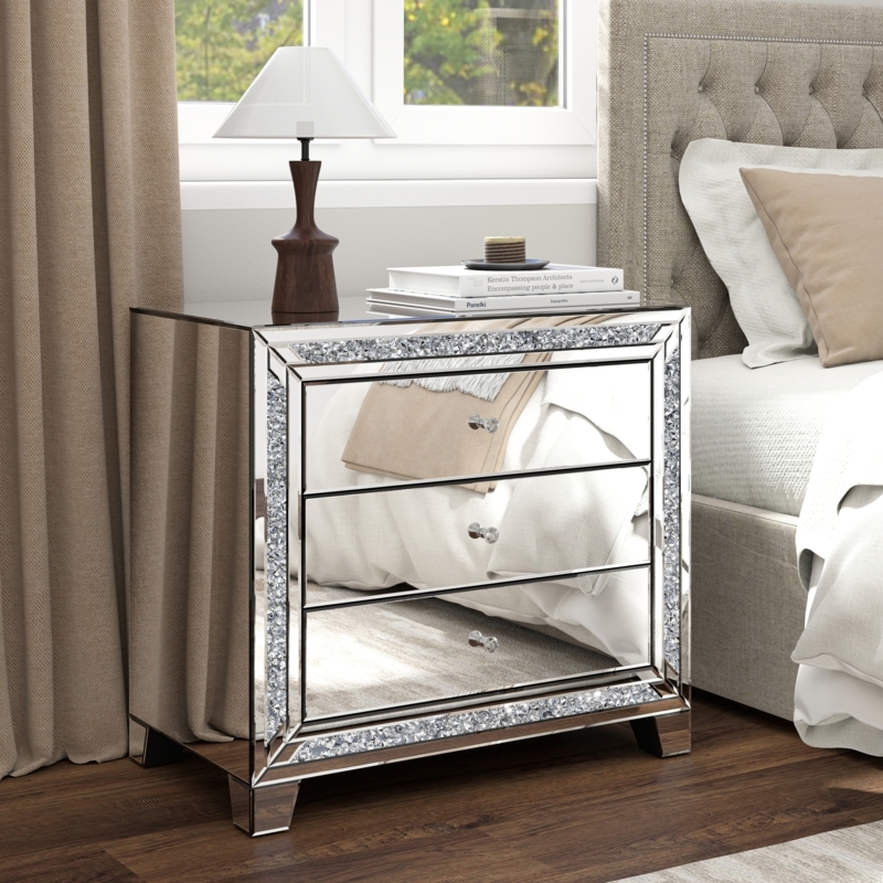 Glam Mirrored Nightstand: Crystal Encrusted Border & 3 Drawers