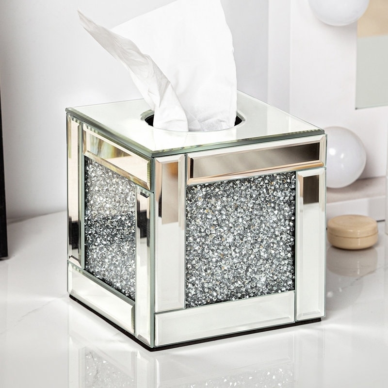 Glam Mirrored Square Tissue Box featuring Crushed Glass Inlay