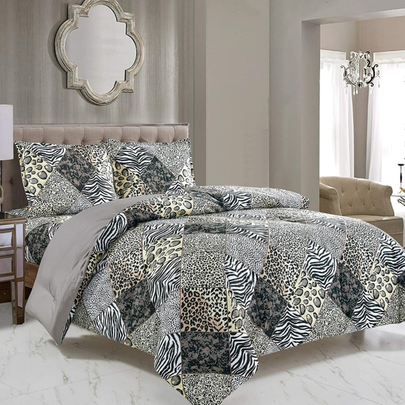 Glam Safari Comforter Set with Mixed Animal Patchwork & Mirrored Decor