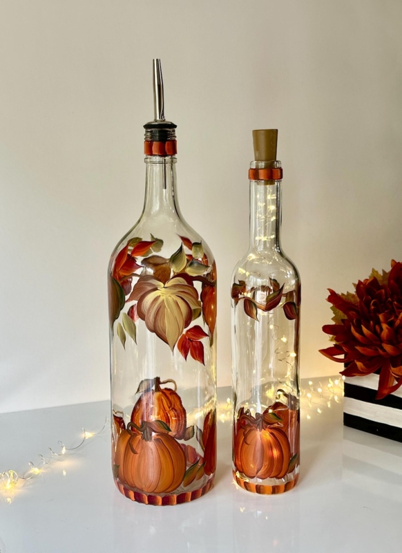 Glass Bottle Internal Lighting Hand Painted Pumpkins Fall Kitchen Decor
