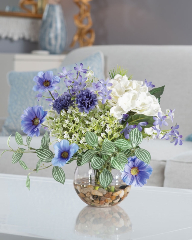 Glass Bowl Pebble Base Floral with Variegated Leaves and Cosmos