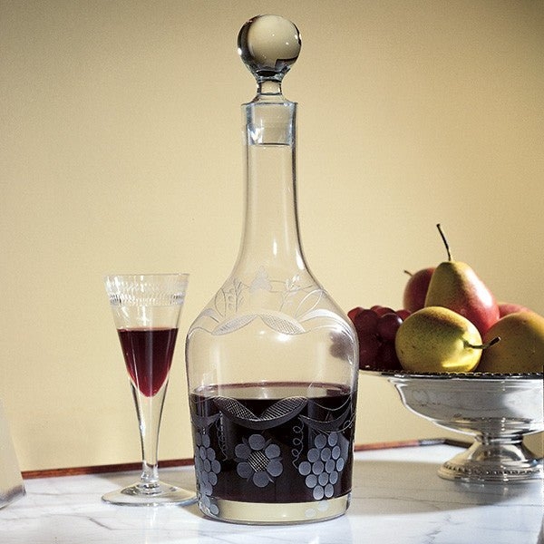 Glass Decanter, Traditional Hand-Blown with Etched Grape Vine Motif