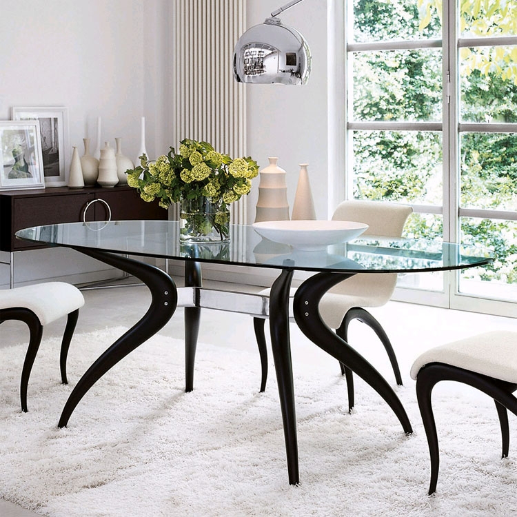 Glass Dining Table Sculptural Curved Legs Chrome Cross Bar Organic