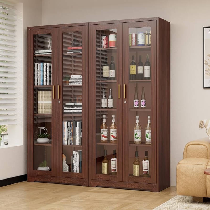 Glass Display Cabinet Walnut Brown Wood Grain Metal Four Doors