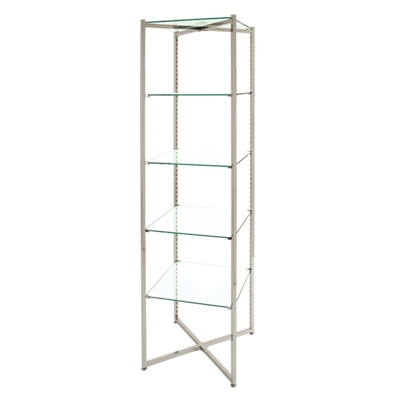 Glass Etagere: Polished Chrome Folding Display Case with X-Base Frame