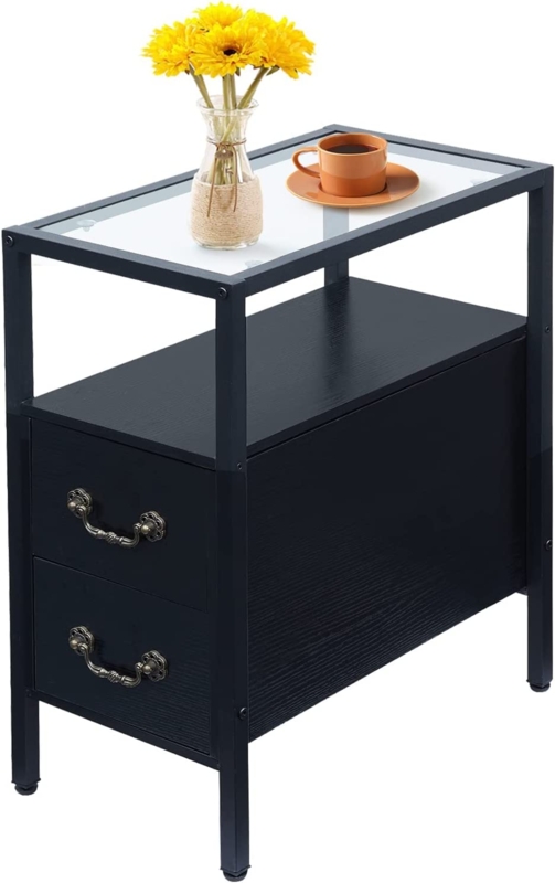 Glass Top Narrow End Table in Matte Black with Ornate Pulls