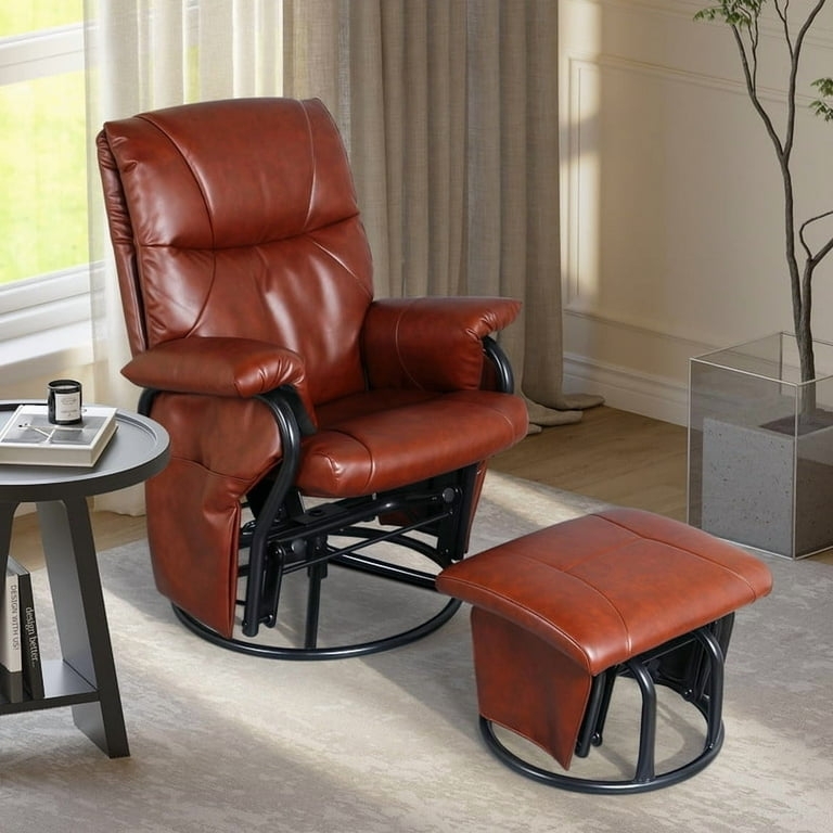 Glider Chair Brown Leather Matching Rocking Ottoman Padded Arms