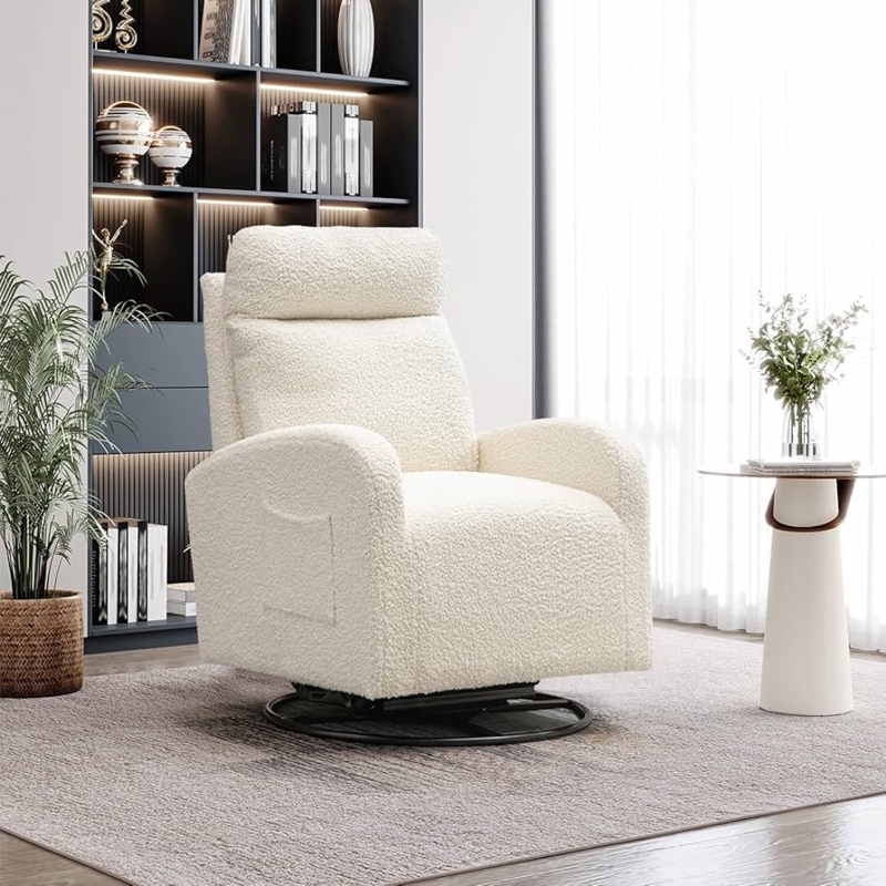 Glider Chair in Teddy Fabric with Side Pocket and Swivel Base