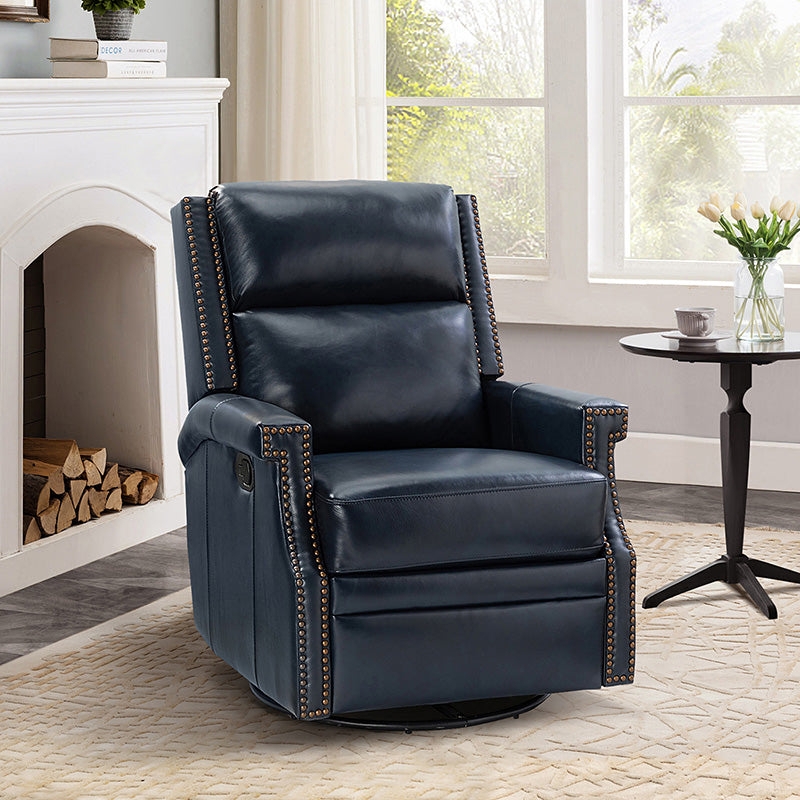 Glider Rocker Recliner Navy Leather Brass Nailhead Trim Manual