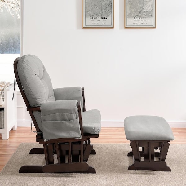 Glider Rocker Set with Espresso Wood Base, Side Pockets and Ottoman