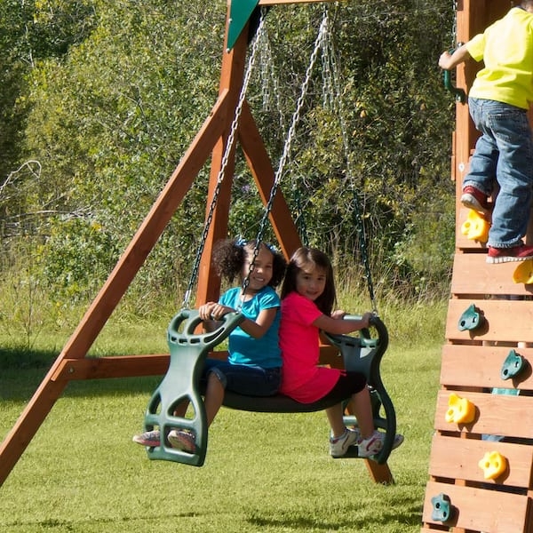 Glider Swing Wood Toned Frame with Climbing Rock Wall and Face-to-Face