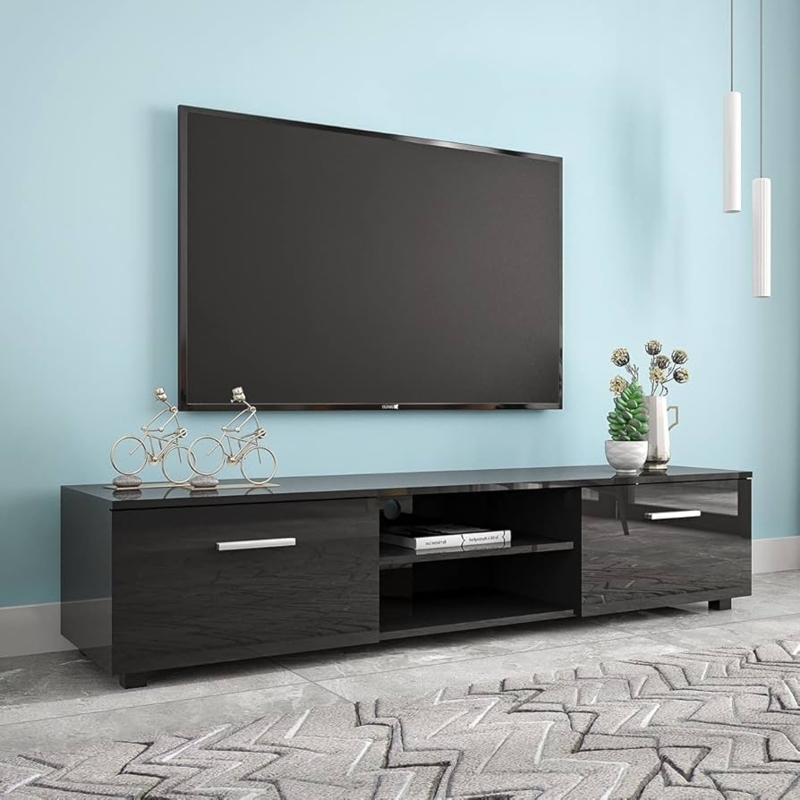 Glossy Black Media Console Mirror Like Finish and Silver Handles
