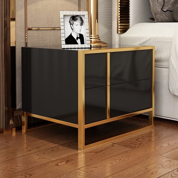 Glossy Black Nightstand Polished Gold Vertical Inlay Sled Base