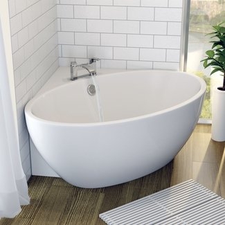 Glossy Corner Bathtub featuring Waterfall Spout Design