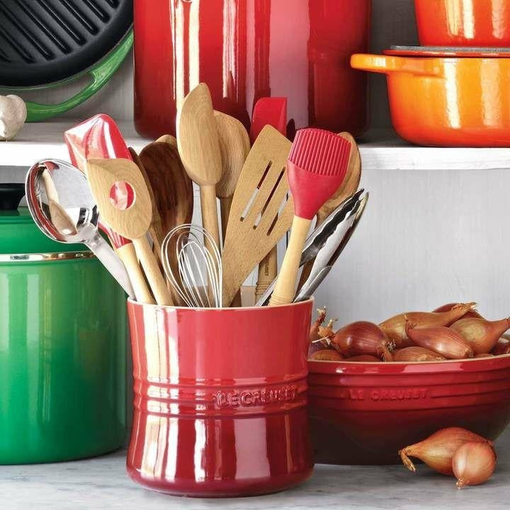 Glossy Red Stoneware Utensil Crock with Embossed Branding