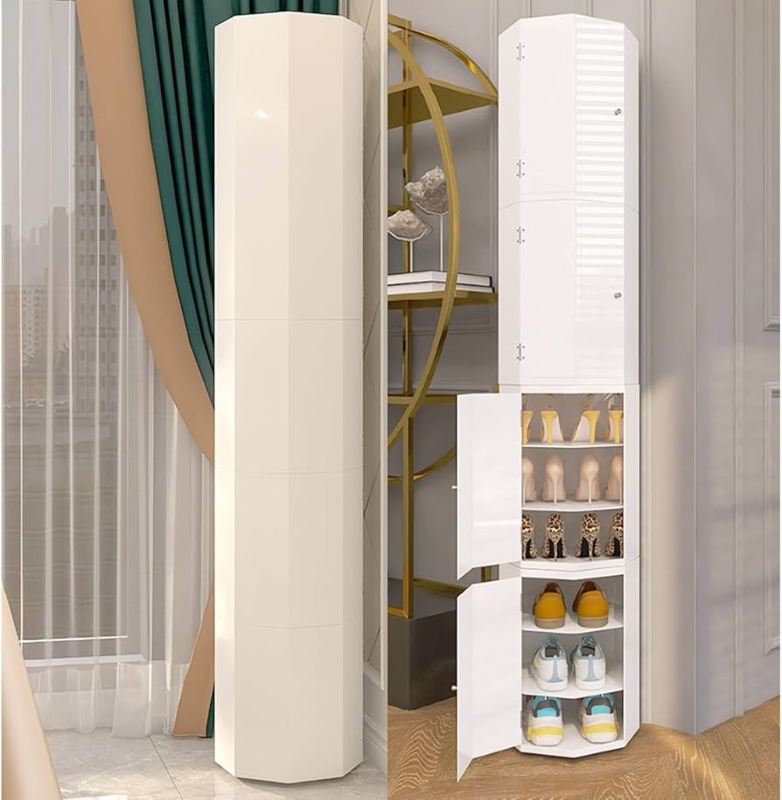 Glossy White Octagonal Shoe Tower Rotating Entryway Organizer