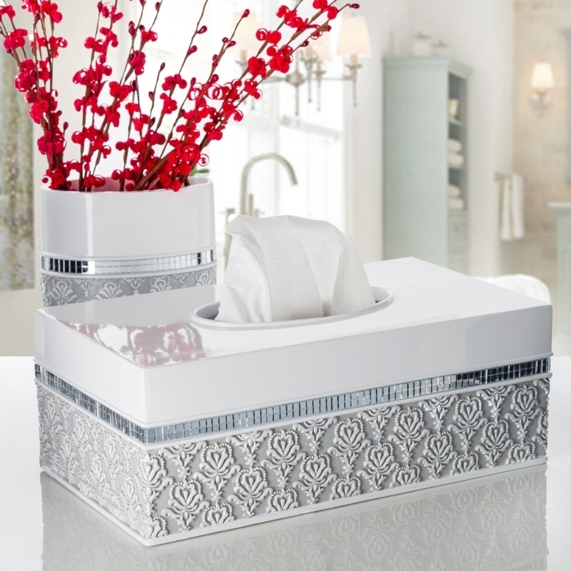 Glossy White Rectangular Tissue Box with Embossed Silver Damask Base