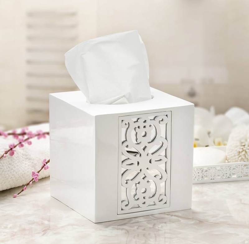 Glossy White Square Tissue Cover with Mirrored Scrollwork Panel