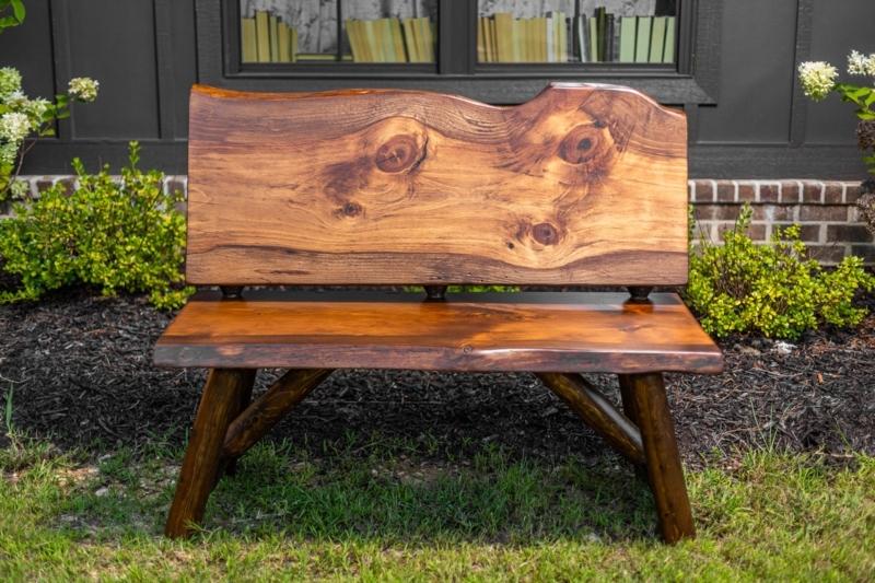 Glossy Wooden Bench Live Edge with Prominent Knots and Backrest