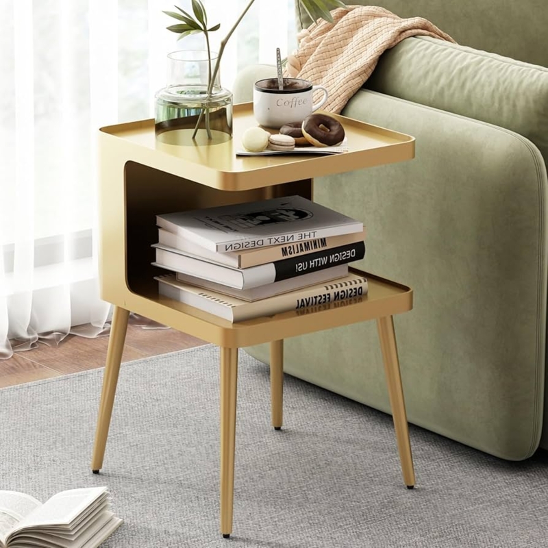 Gold 2 Tier Nightstand Satin Finish Tray Top Tapered Legs Modern