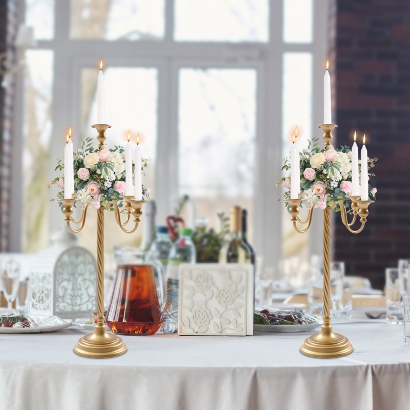 Gold 5-Arm Candelabra with Twisted Stem and Integrated Floral Accents