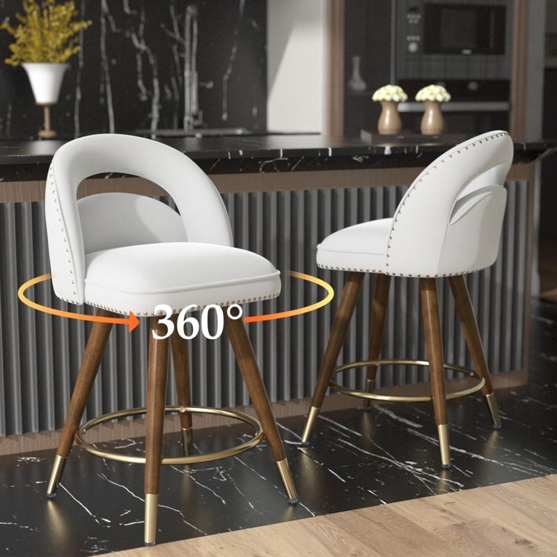 Gold Accent Kitchen Seating Walnut Legs White Velvet Metallic Caps.