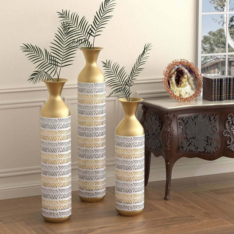 Gold and White Floor Vases Set Textured Herringbone Pattern