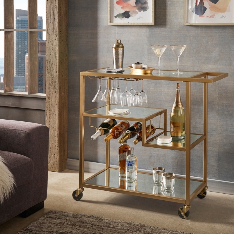 Gold Bar Cart Asymmetric Tiers Mirrored Glass Shelves