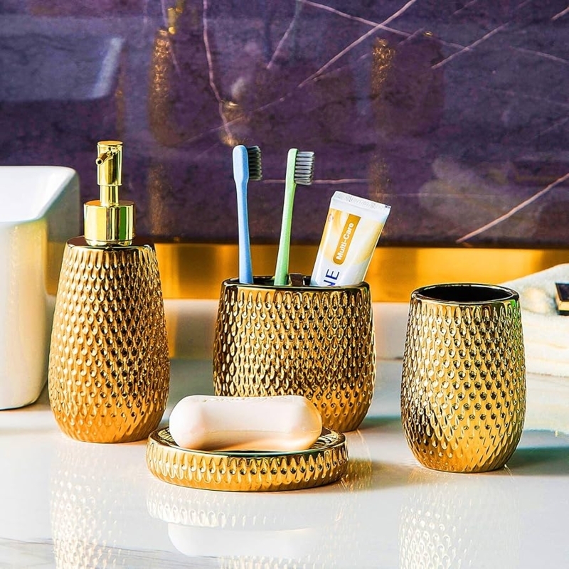 Gold Bathroom Accessory Set Rain Drop Texture Ceramic 4-Piece
