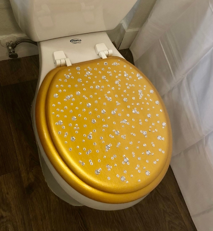 Gold Bling Toilet Seat: Hand Painted Metallic Finish with Rhinestones.