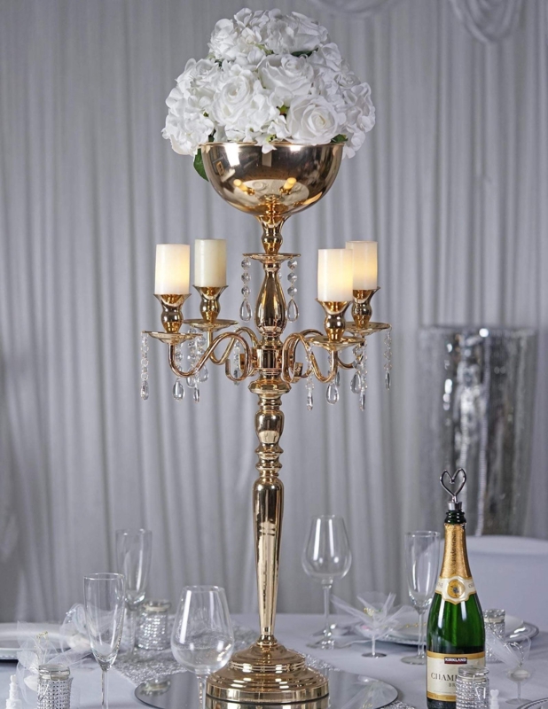 Gold Candelabra Centerpiece with Floral Bowl and Crystal Droplets