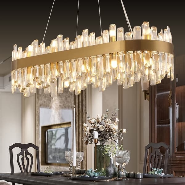 Gold Crystal Oval Chandelier Tiered Crystals Gold Band Modern Empire