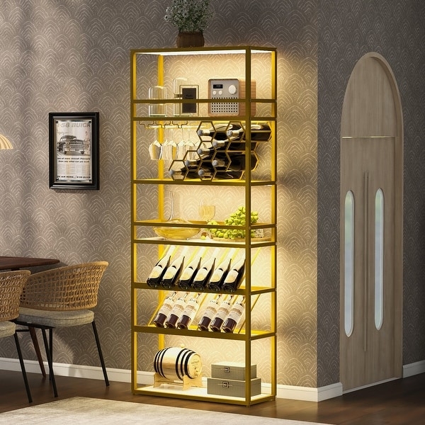 Gold Freestanding Wine Rack with Integrated LED Lighting