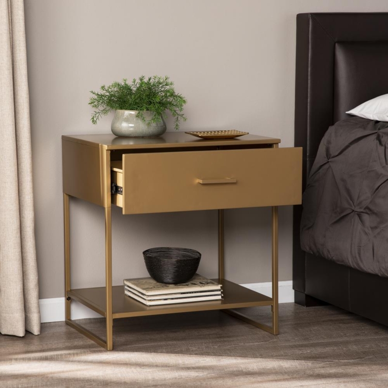 Gold Metal Nightstand Open Shelf Slim Square Legs Industrial