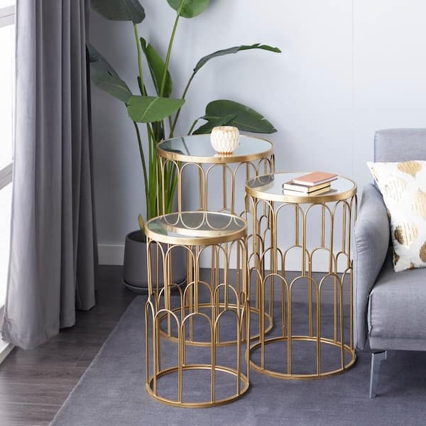 Gold Nesting End Table Set Arched Openwork Base Mirrored Tops Art Deco