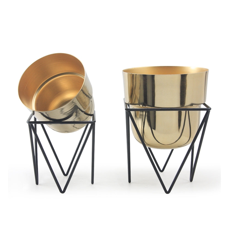 Gold Planter Set on Triangular Geometric Wireframe Stands