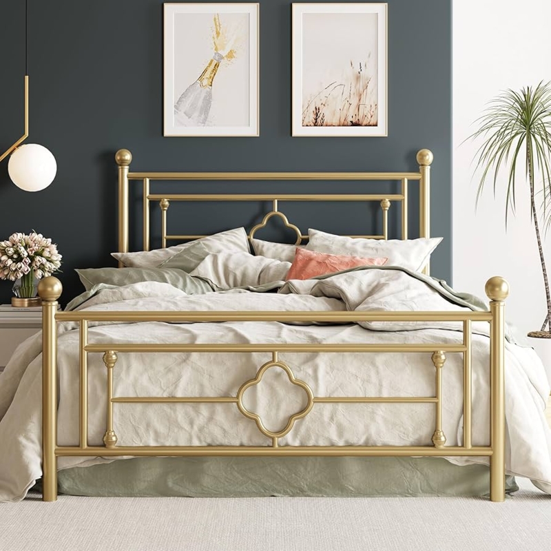 Gold Platform Bed Frame Quatrefoil Motif Brushed Finish Victorian