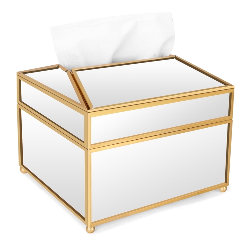 Gold-Toned Mirrored Square Tissue Box with V-Shaped Top Opening