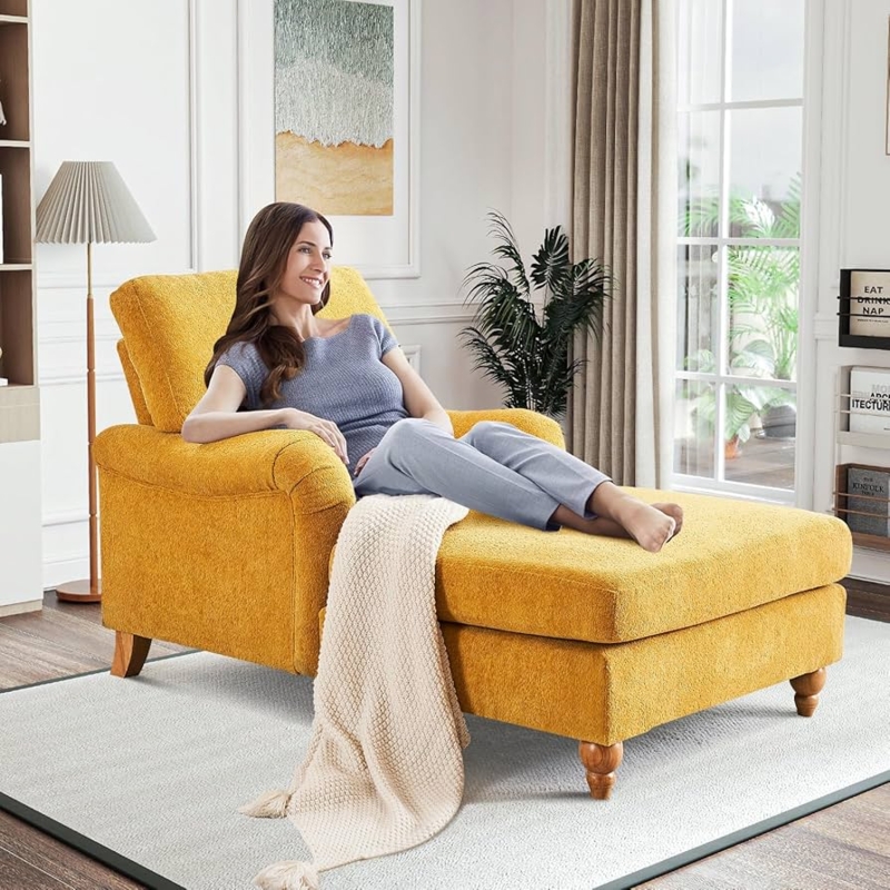 Golden Yellow Chaise Lounge with Rolled Arms