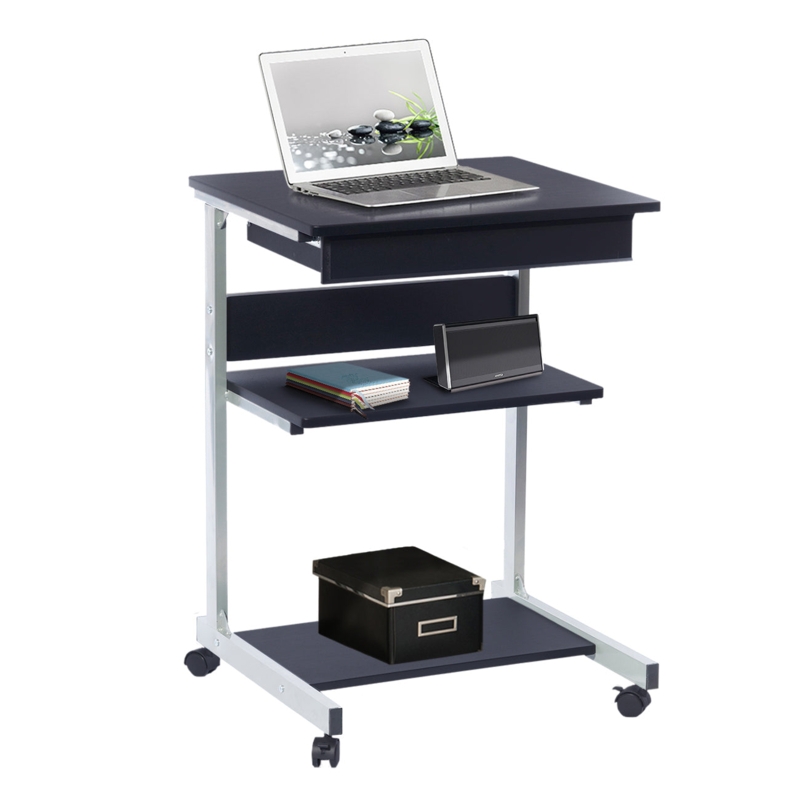 Graphite Rolling Laptop Desk Three Tier Design Pull Out Drawer