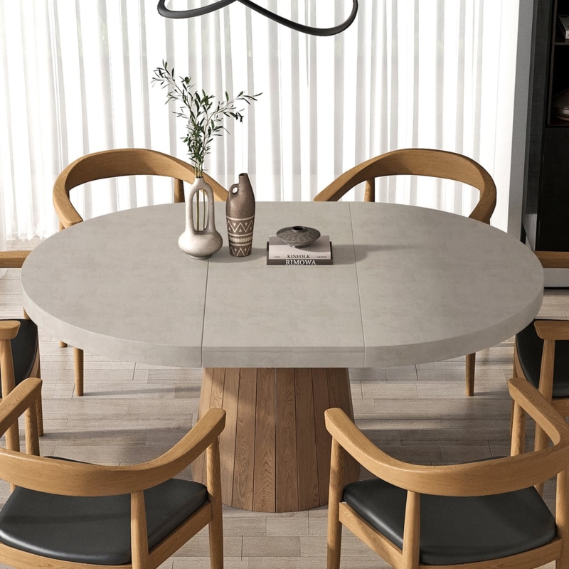 Gray and Oak Dining Table Set with Slatted Base and Wrap Around Chairs