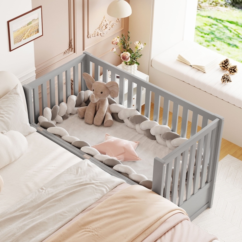 Gray Convertible Crib with Sidecar Capability and Undercrib Storage