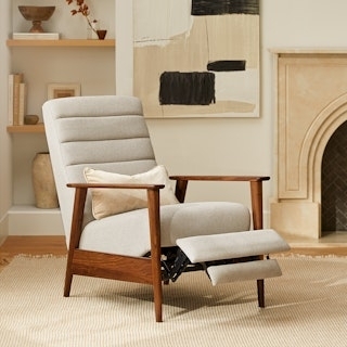 Gray Fabric Reclining Chair Angular Walnut Wood Arms
