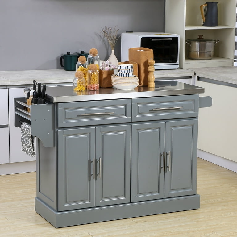 Gray Kitchen Island Stainless Steel Top Knife Rack Spice Storage