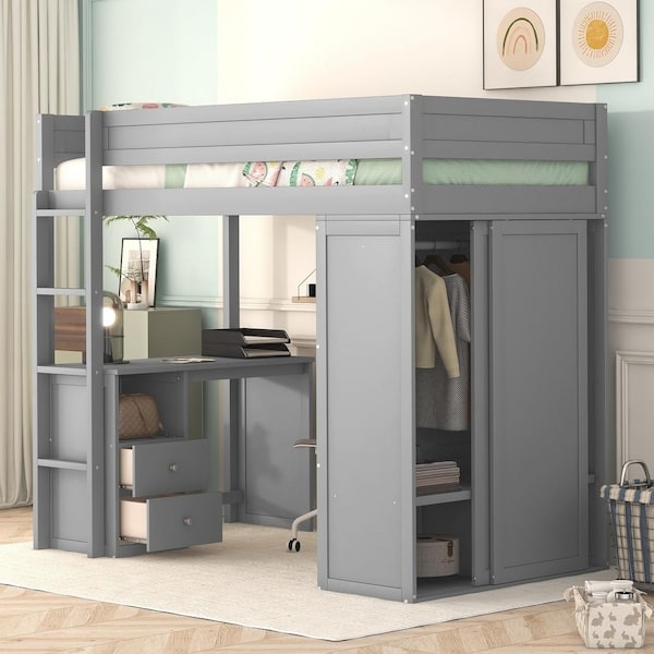 Gray Loft Bed Built-In Wardrobe with Hanging Rod and Integrated Desk