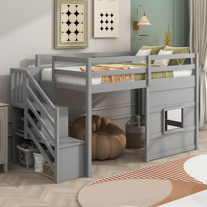 Gray Loft Bed Featuring Window Cutout and Storage Stairs